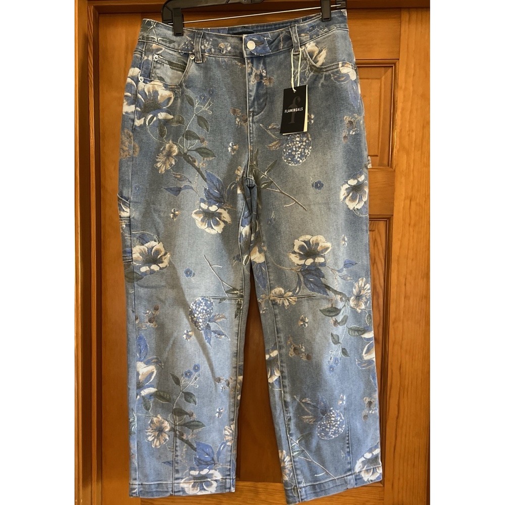 Flamingals Women's Floral Barrel Cargo Jeans Size Large Light wash
